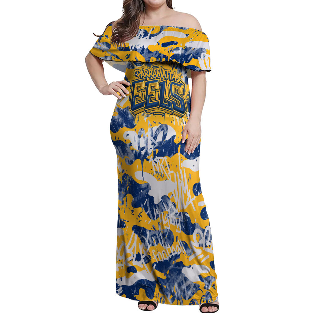 Parramatta Eels Rugby Off Shoulder Maxi Dress Graffiti Typography Urban Camo Abstract Street Style