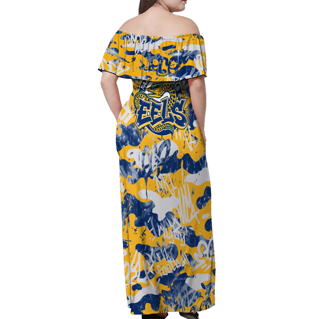 Parramatta Eels Rugby Off Shoulder Maxi Dress Graffiti Typography Urban Camo Abstract Street Style