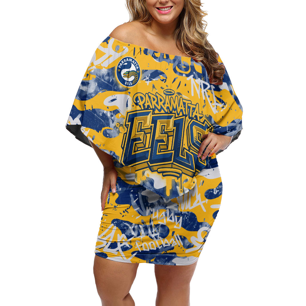 Parramatta Eels Rugby Off Shoulder Short Dress Graffiti Typography Urban Camo Abstract Street Style