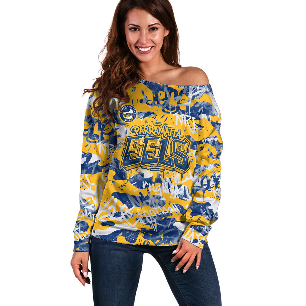 Parramatta Eels Rugby Off Shoulder Sweater Graffiti Typography Urban Camo Abstract Street Style