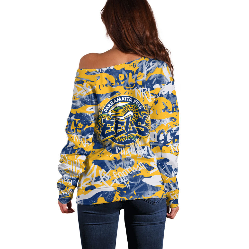 Parramatta Eels Rugby Off Shoulder Sweater Graffiti Typography Urban Camo Abstract Street Style
