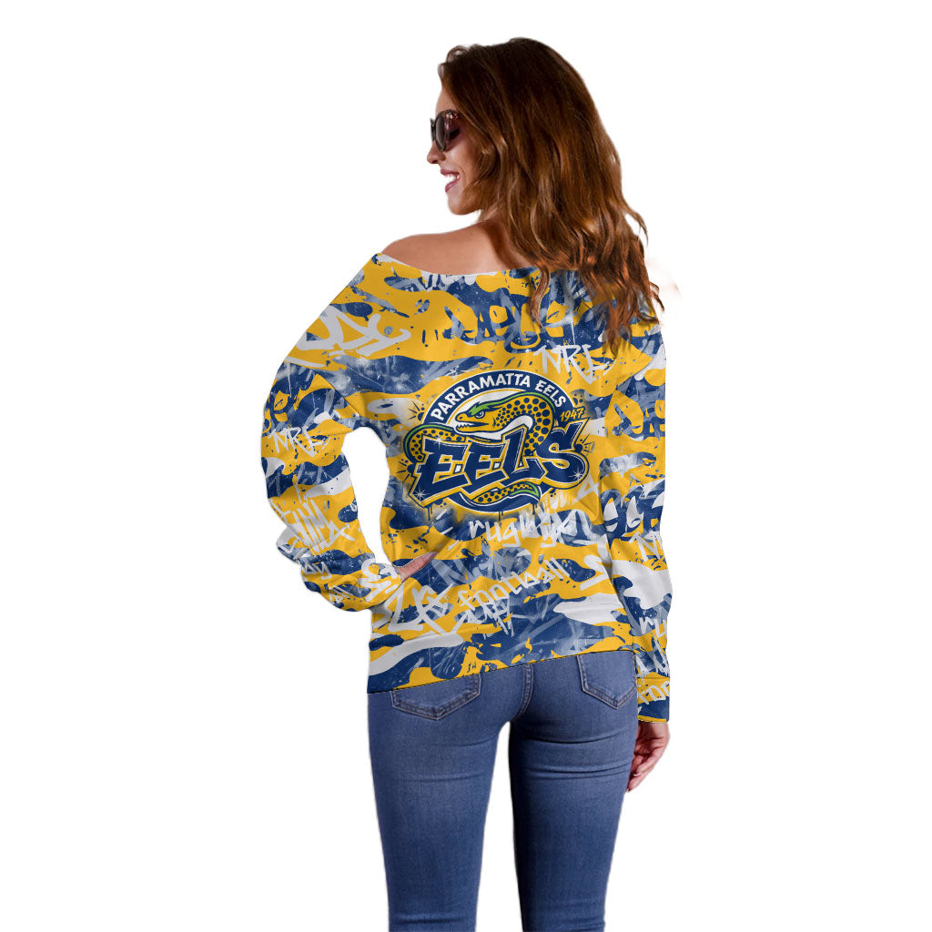 Parramatta Eels Rugby Off Shoulder Sweater Graffiti Typography Urban Camo Abstract Street Style