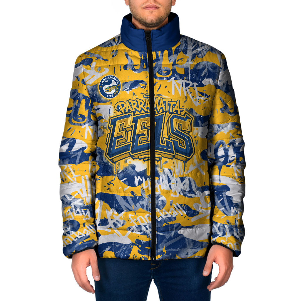 Parramatta Eels Rugby Padded Jacket Graffiti Typography Urban Camo Abstract Street Style