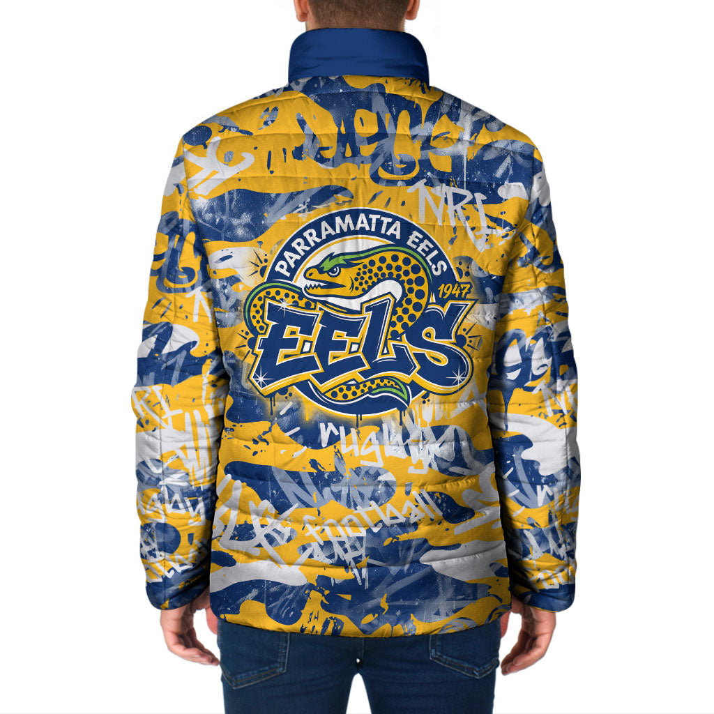 Parramatta Eels Rugby Padded Jacket Graffiti Typography Urban Camo Abstract Street Style