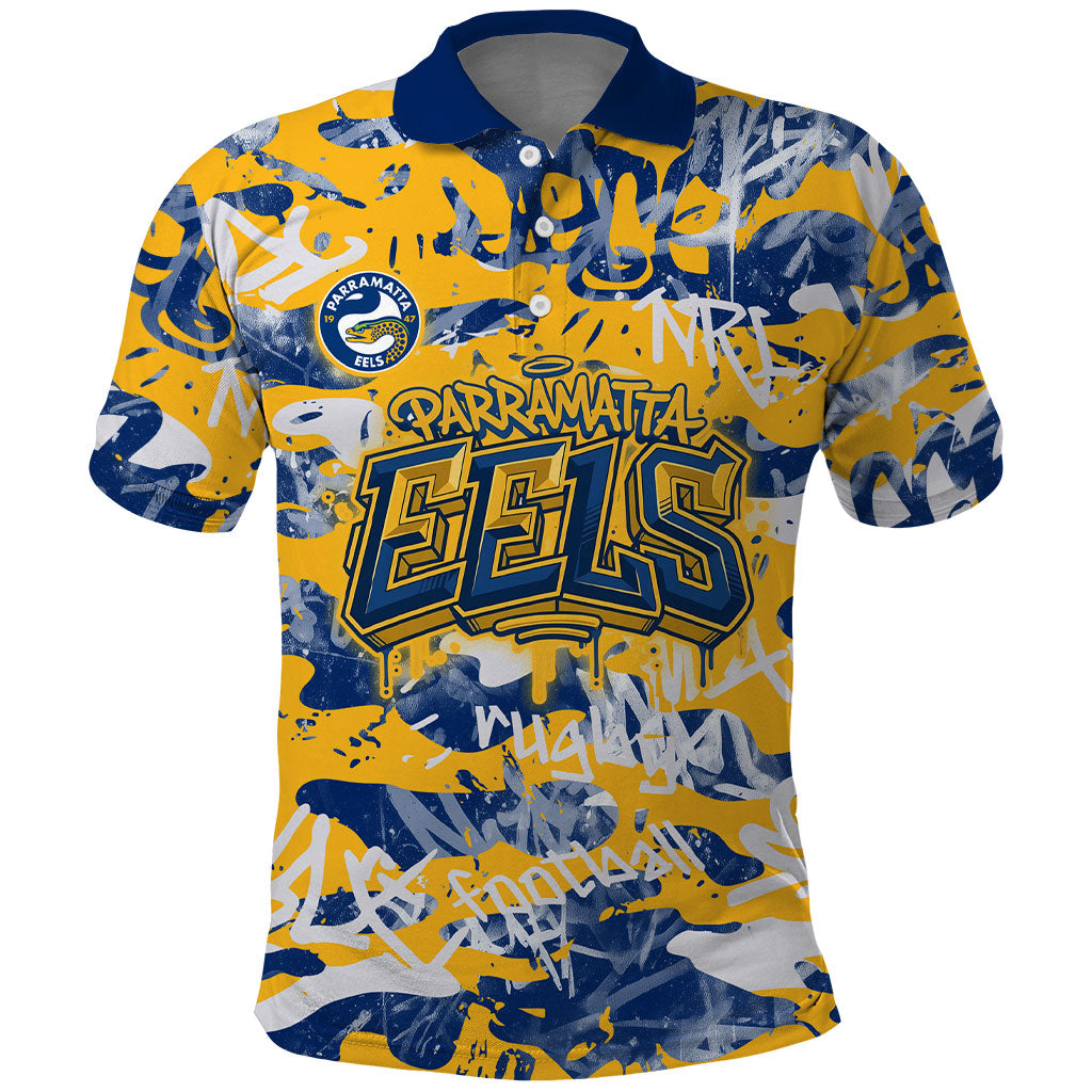 Parramatta Eels Rugby Polo Shirt Graffiti Typography Urban Camo Abstract Street Style