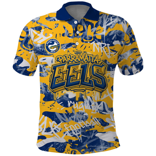 Parramatta Eels Rugby Polo Shirt Graffiti Typography Urban Camo Abstract Street Style