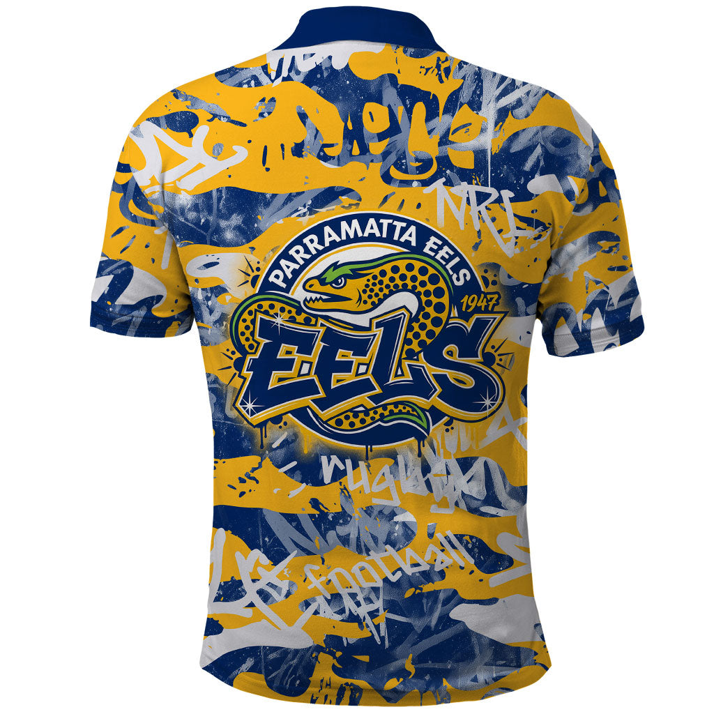 Parramatta Eels Rugby Polo Shirt Graffiti Typography Urban Camo Abstract Street Style