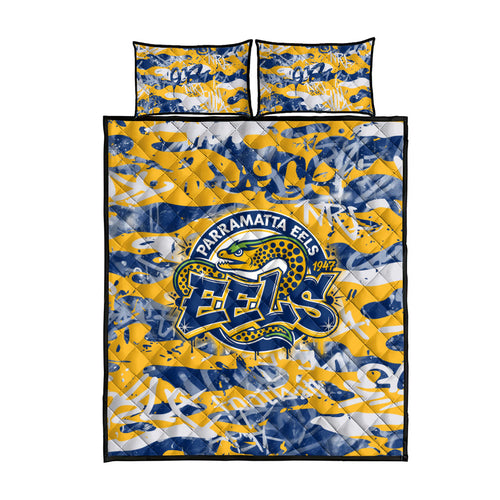 Parramatta Eels Rugby Quilt Bed Set Graffiti Typography Urban Camo Abstract Street Style