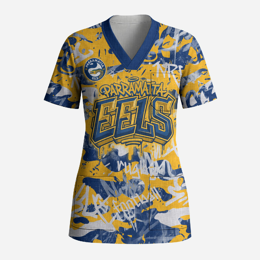Parramatta Eels Rugby Scrub Top Graffiti Typography Urban Camo Abstract Street Style