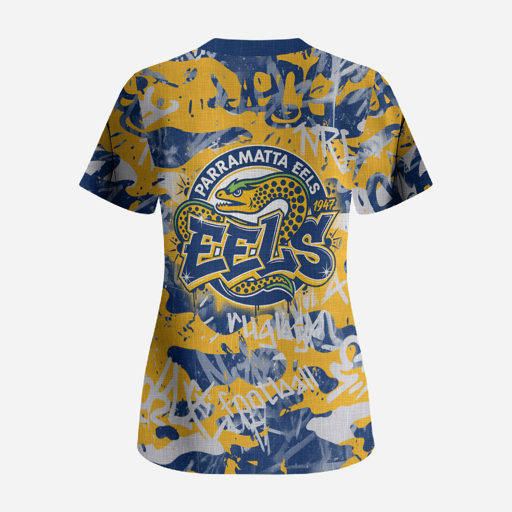 Parramatta Eels Rugby Scrub Top Graffiti Typography Urban Camo Abstract Street Style