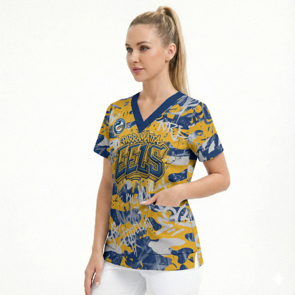 Parramatta Eels Rugby Scrub Top Graffiti Typography Urban Camo Abstract Street Style