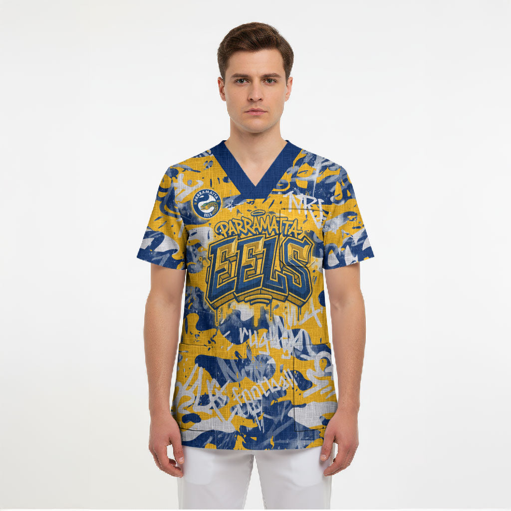 Parramatta Eels Rugby Scrub Top Graffiti Typography Urban Camo Abstract Street Style