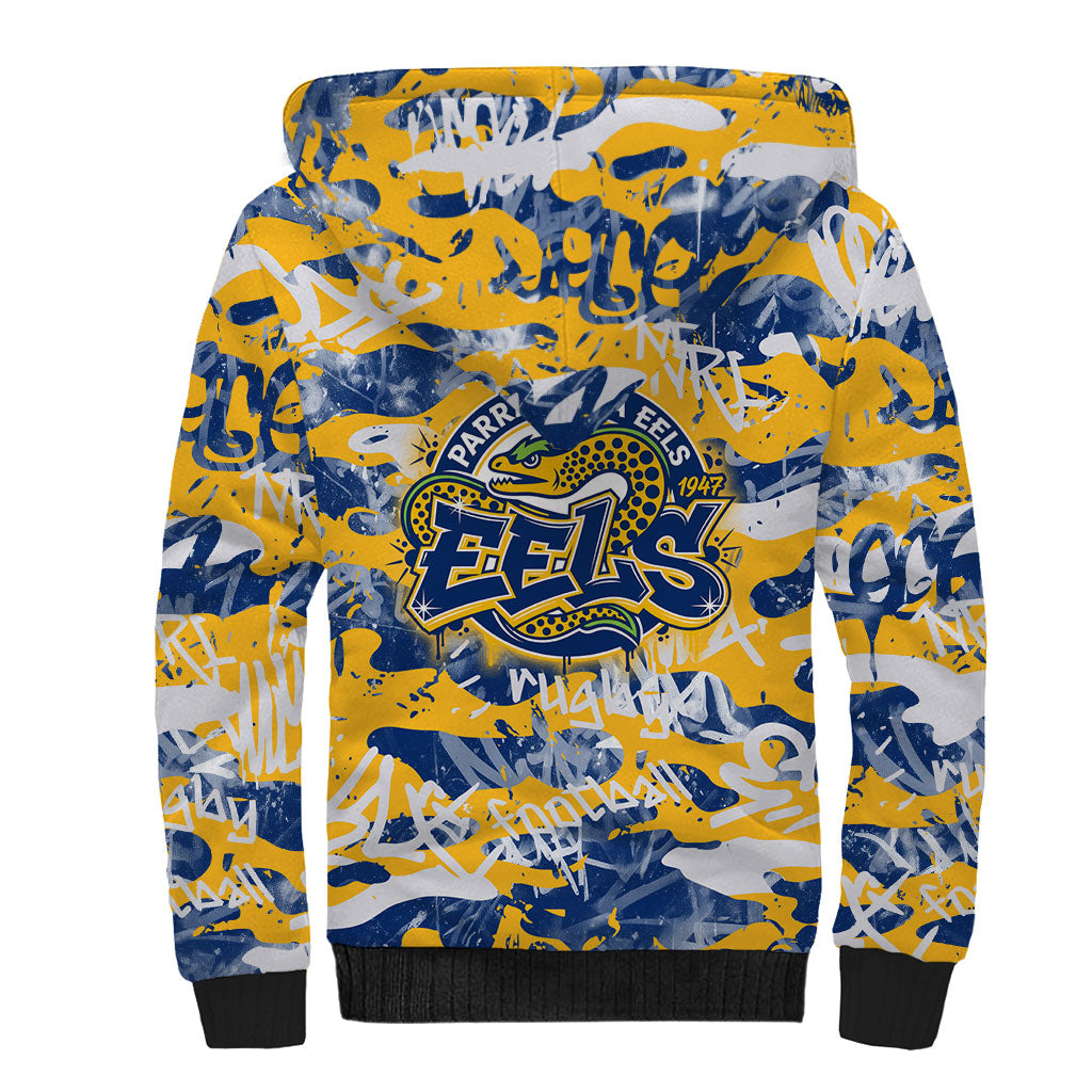 Parramatta Eels Rugby Sherpa Hoodie Graffiti Typography Urban Camo Abstract Street Style