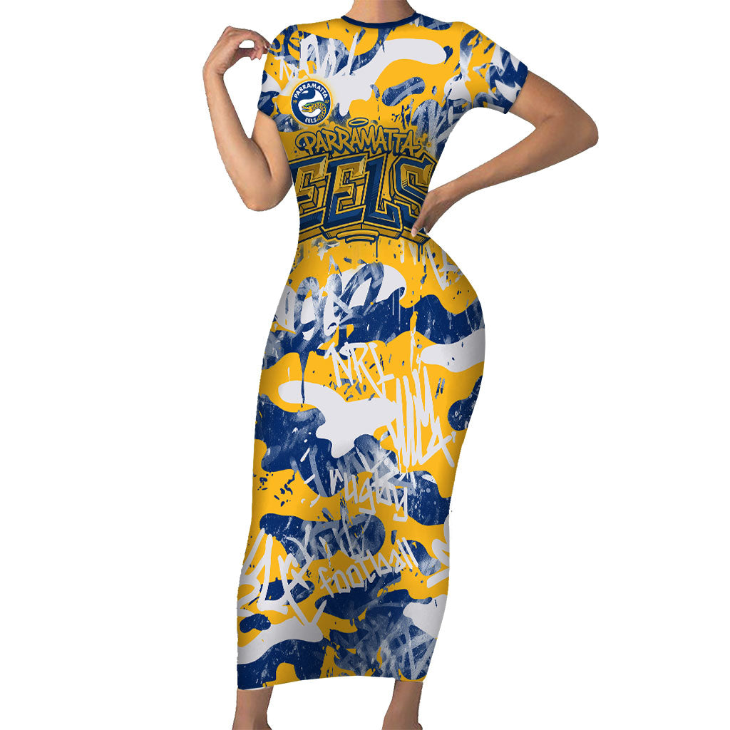 Parramatta Eels Rugby Short Sleeve Bodycon Dress Graffiti Typography Urban Camo Abstract Street Style