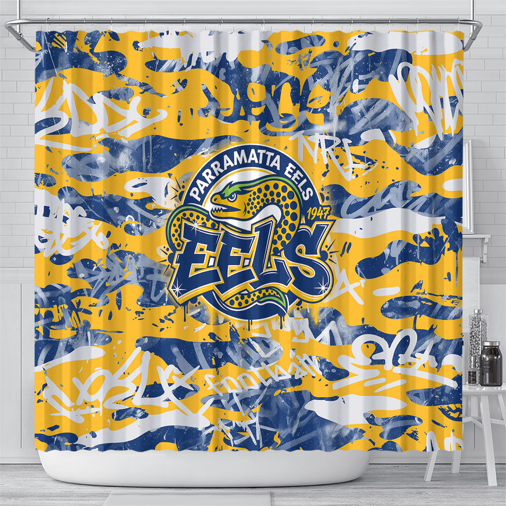 Parramatta Eels Rugby Shower Curtain Graffiti Typography Urban Camo Abstract Street Style