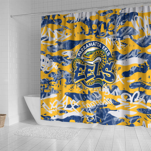 Parramatta Eels Rugby Shower Curtain Graffiti Typography Urban Camo Abstract Street Style