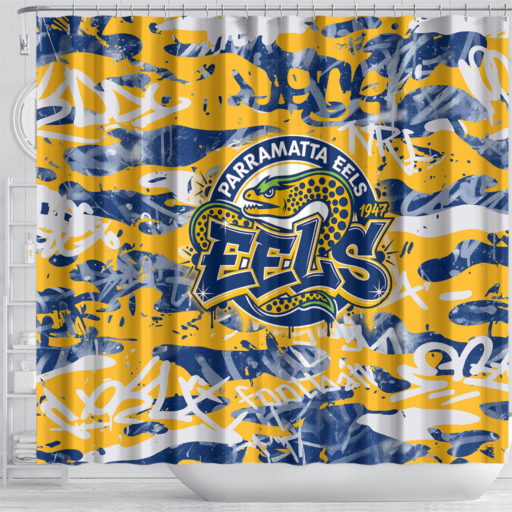 Parramatta Eels Rugby Shower Curtain Graffiti Typography Urban Camo Abstract Street Style