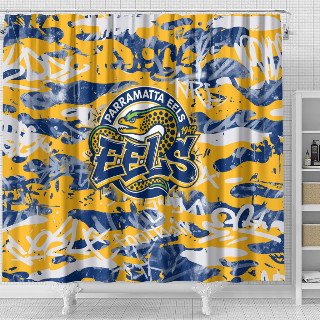 Parramatta Eels Rugby Shower Curtain Graffiti Typography Urban Camo Abstract Street Style