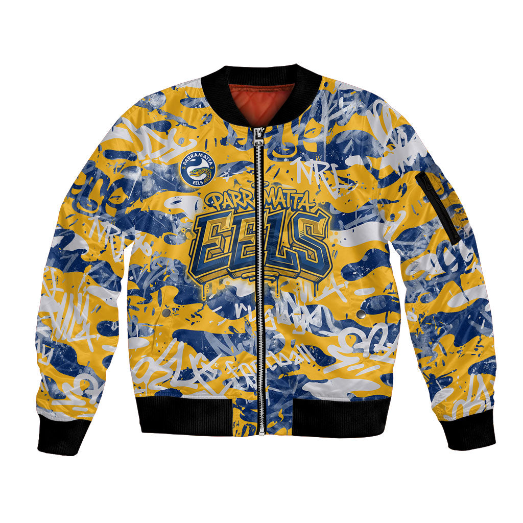 Parramatta Eels Rugby Sleeve Zip Bomber Jacket Graffiti Typography Urban Camo Abstract Street Style