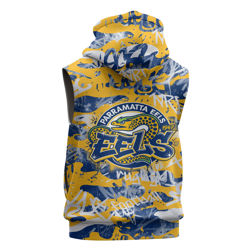 Parramatta Eels Rugby Sleeveless Hoodie Graffiti Typography Urban Camo Abstract Street Style