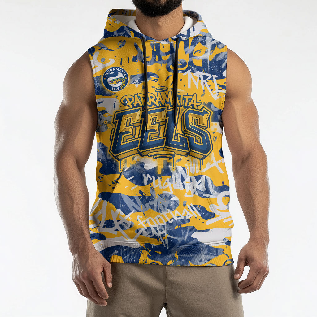 Parramatta Eels Rugby Sleeveless Hoodie Graffiti Typography Urban Camo Abstract Street Style