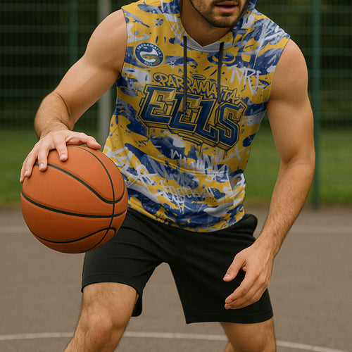 Parramatta Eels Rugby Sleeveless Hoodie Graffiti Typography Urban Camo Abstract Street Style