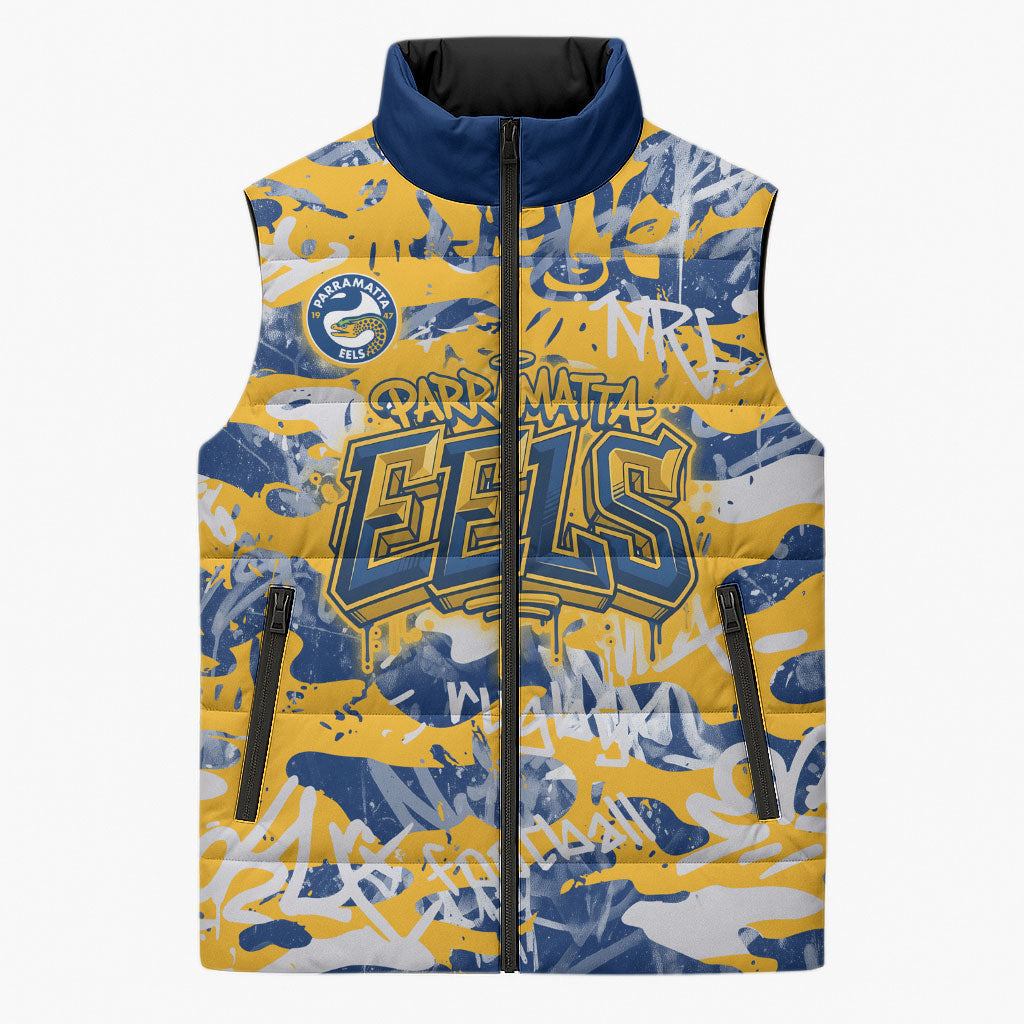 Parramatta Eels Rugby Sleeveless Puffer Jacket Graffiti Typography Urban Camo Abstract Street Style