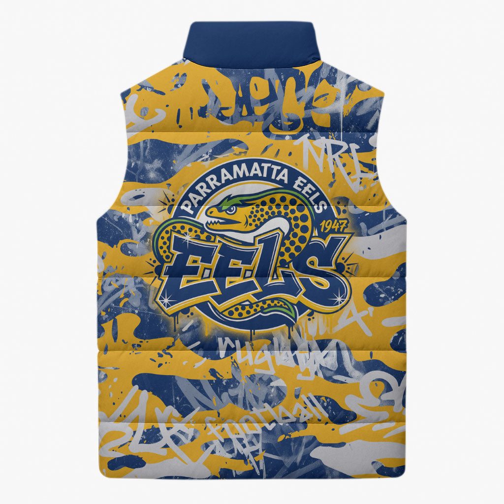 Parramatta Eels Rugby Sleeveless Puffer Jacket Graffiti Typography Urban Camo Abstract Street Style
