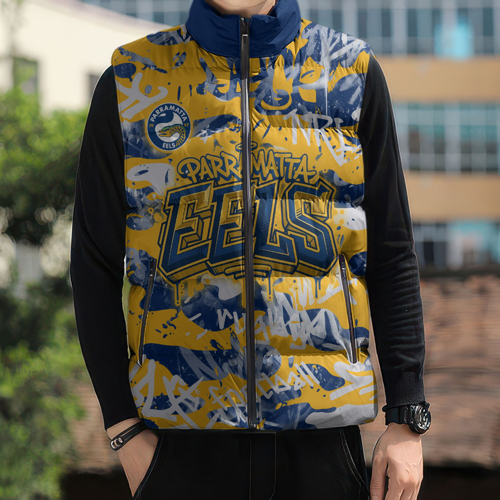 Parramatta Eels Rugby Sleeveless Puffer Jacket Graffiti Typography Urban Camo Abstract Street Style