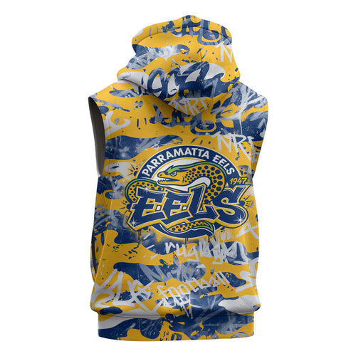 Parramatta Eels Rugby Sleeveless Zip Hoodie Graffiti Typography Urban Camo Abstract Street Style