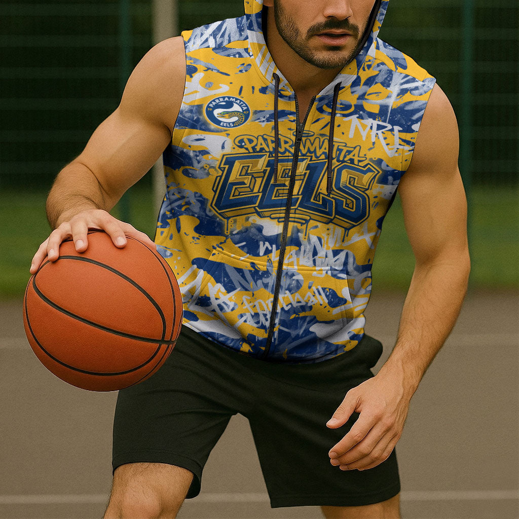Parramatta Eels Rugby Sleeveless Zip Hoodie Graffiti Typography Urban Camo Abstract Street Style