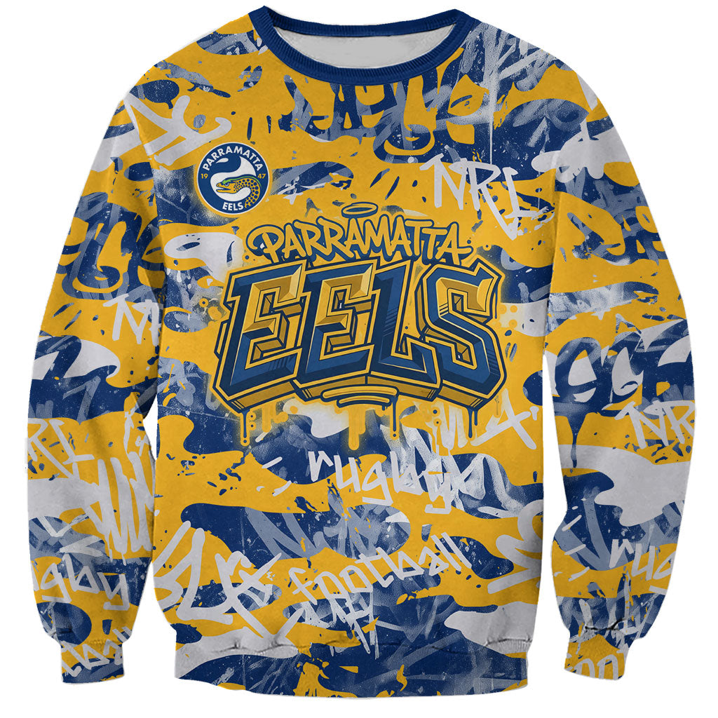 Parramatta Eels Rugby Sweatshirt Graffiti Typography Urban Camo Abstract Street Style