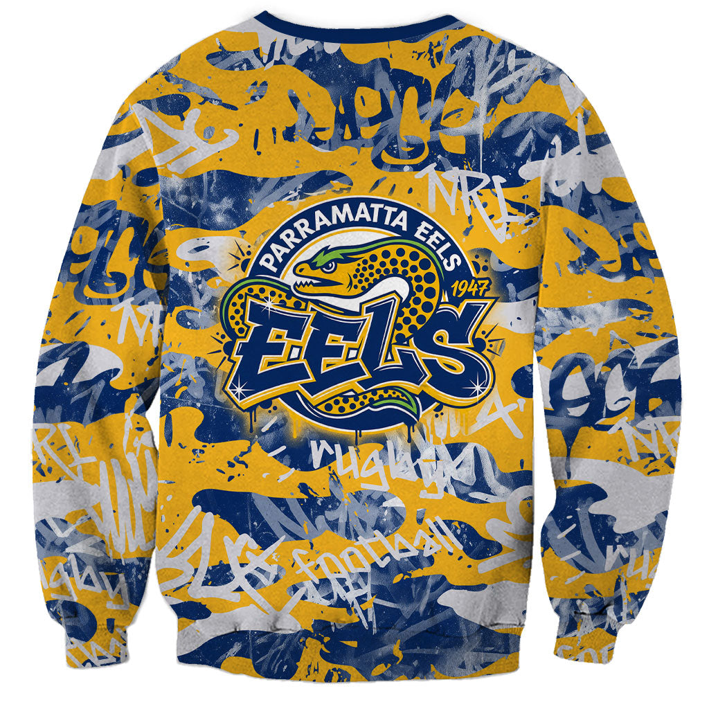 Parramatta Eels Rugby Sweatshirt Graffiti Typography Urban Camo Abstract Street Style