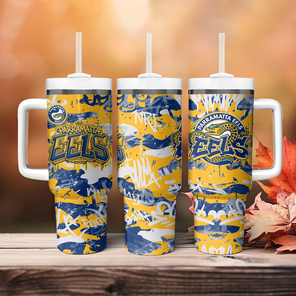 Parramatta Eels Rugby Tumbler With Handle Graffiti Typography Urban Camo Abstract Street Style