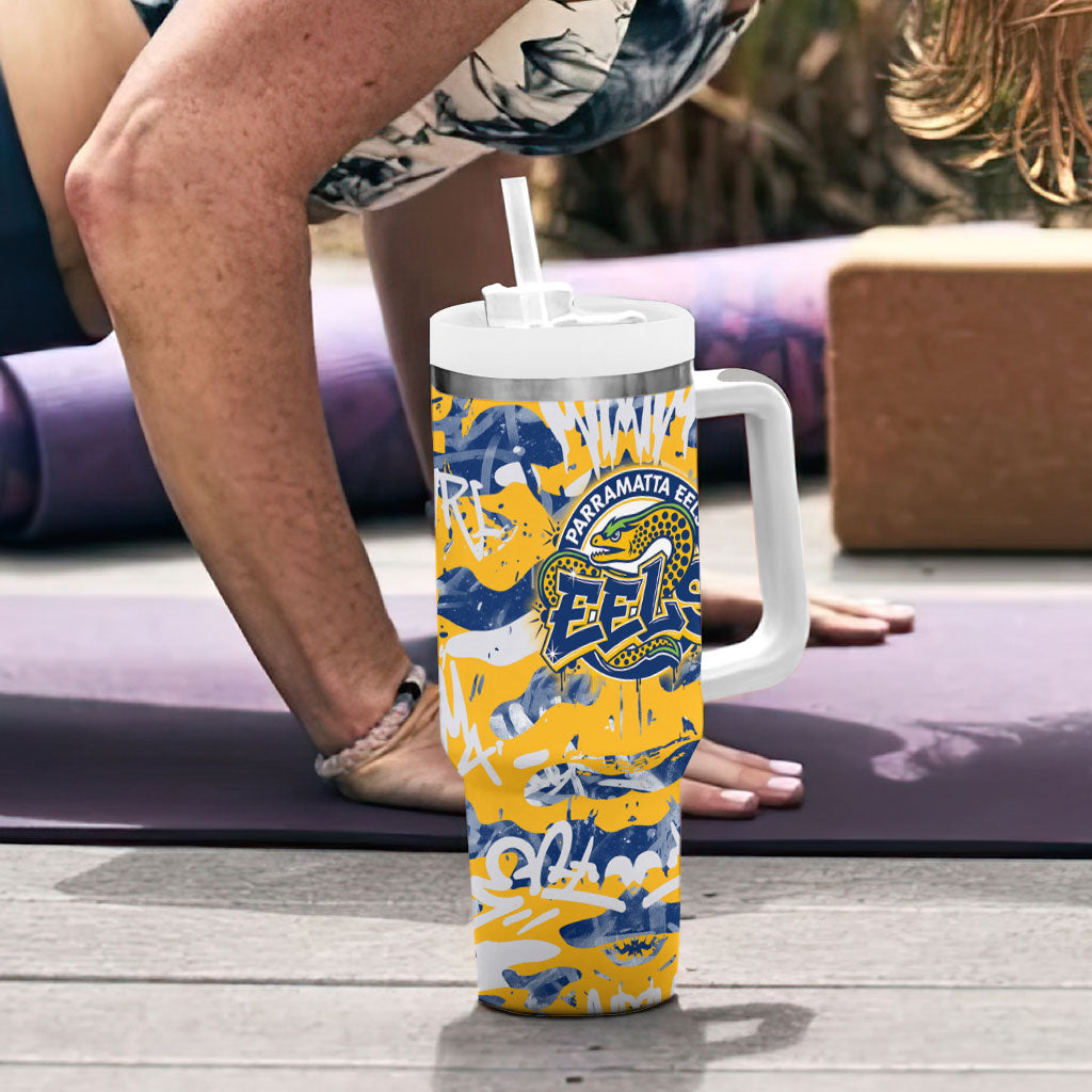 Parramatta Eels Rugby Tumbler With Handle Graffiti Typography Urban Camo Abstract Street Style