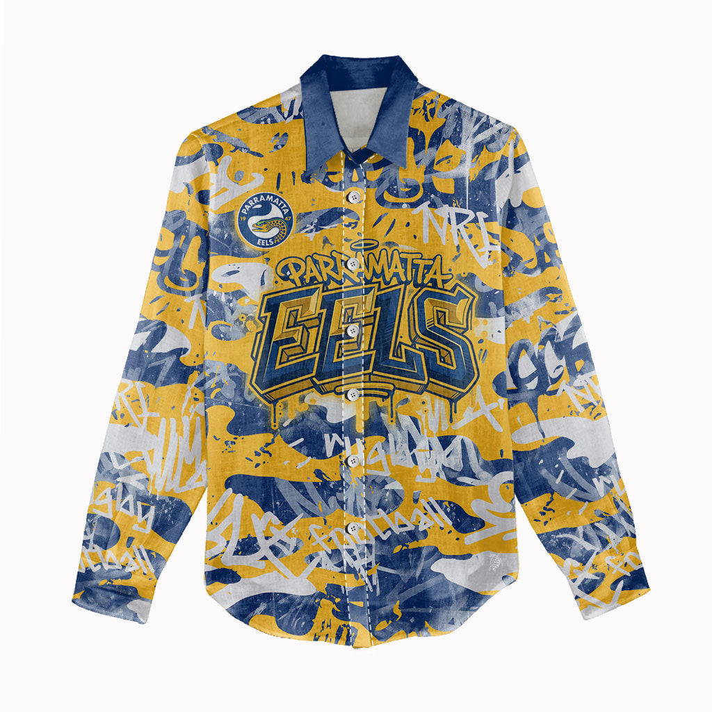 Parramatta Eels Rugby Women Casual Shirt Graffiti Typography Urban Camo Abstract Street Style