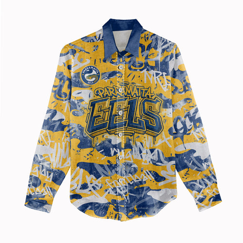 Parramatta Eels Rugby Women Casual Shirt Graffiti Typography Urban Camo Abstract Street Style