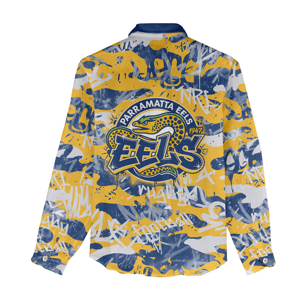 Parramatta Eels Rugby Women Casual Shirt Graffiti Typography Urban Camo Abstract Street Style