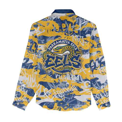 Parramatta Eels Rugby Women Casual Shirt Graffiti Typography Urban Camo Abstract Street Style