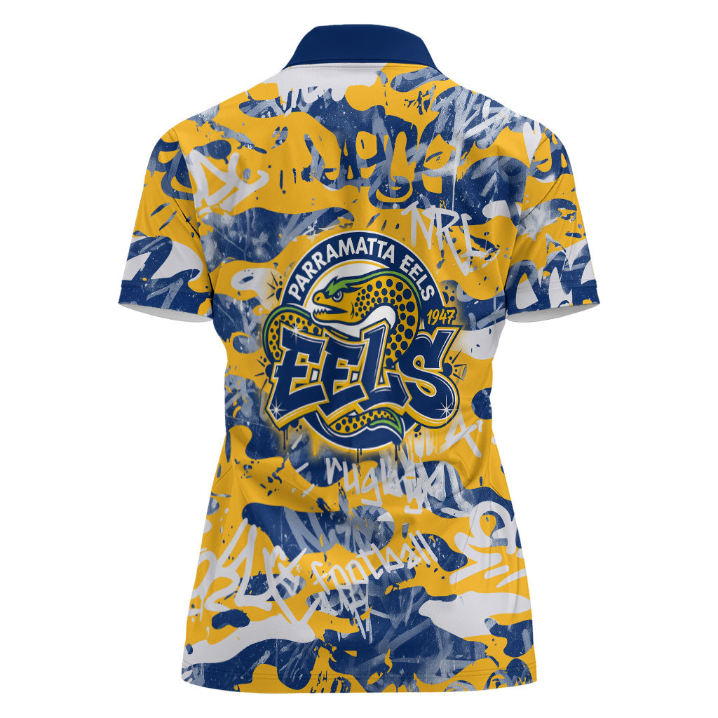 Parramatta Eels Rugby Women Polo Shirt Graffiti Typography Urban Camo Abstract Street Style