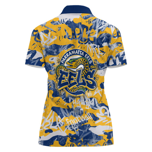 Parramatta Eels Rugby Women Polo Shirt Graffiti Typography Urban Camo Abstract Street Style
