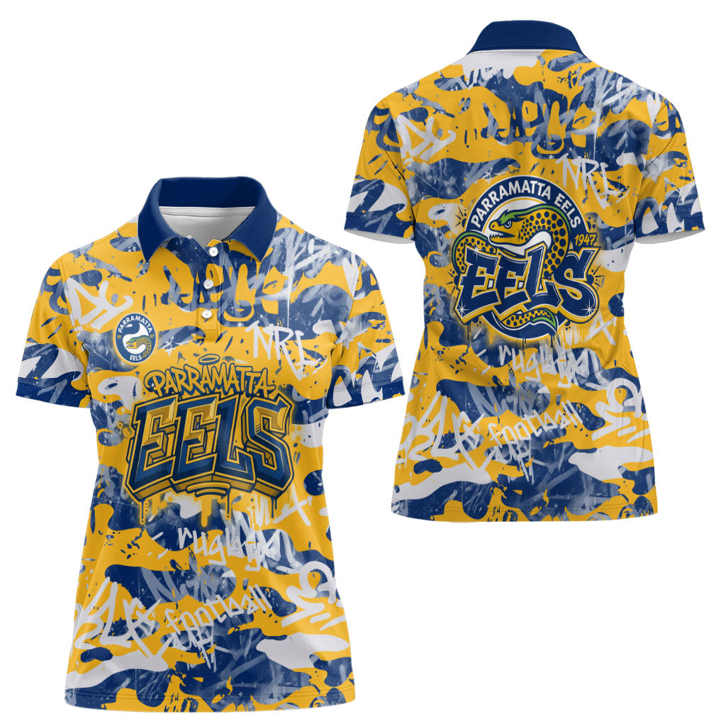 Parramatta Eels Rugby Women Polo Shirt Graffiti Typography Urban Camo Abstract Street Style