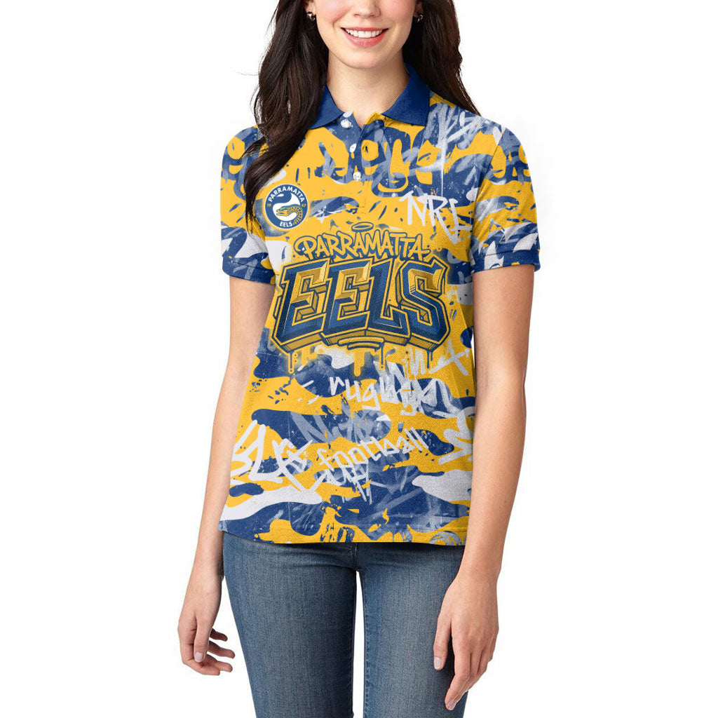 Parramatta Eels Rugby Women Polo Shirt Graffiti Typography Urban Camo Abstract Street Style