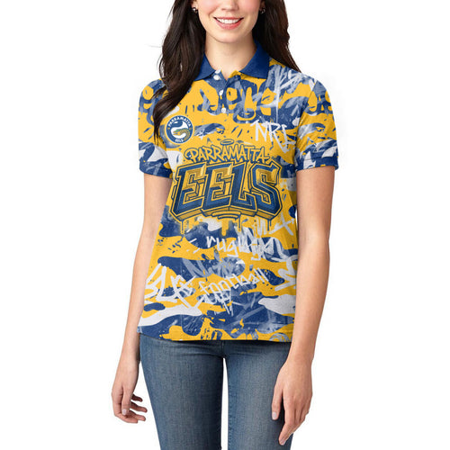 Parramatta Eels Rugby Women Polo Shirt Graffiti Typography Urban Camo Abstract Street Style