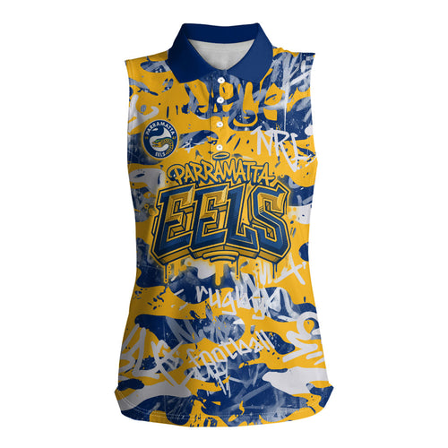 Parramatta Eels Rugby Women Sleeveless Polo Shirt Graffiti Typography Urban Camo Abstract Street Style