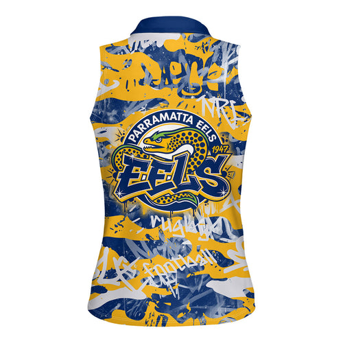 Parramatta Eels Rugby Women Sleeveless Polo Shirt Graffiti Typography Urban Camo Abstract Street Style