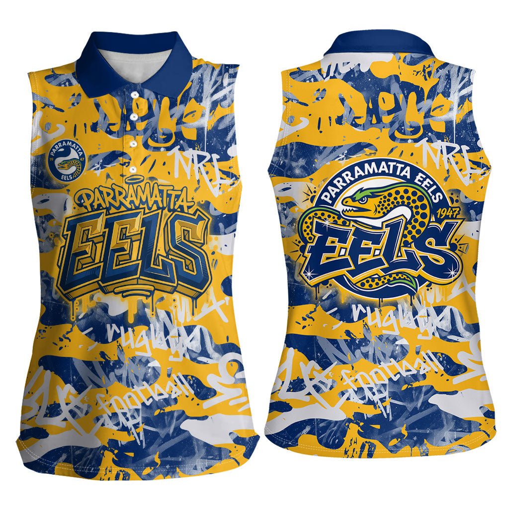 Parramatta Eels Rugby Women Sleeveless Polo Shirt Graffiti Typography Urban Camo Abstract Street Style