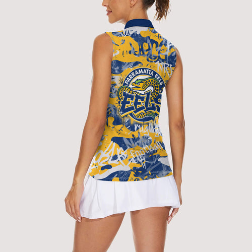 Parramatta Eels Rugby Women Sleeveless Polo Shirt Graffiti Typography Urban Camo Abstract Street Style