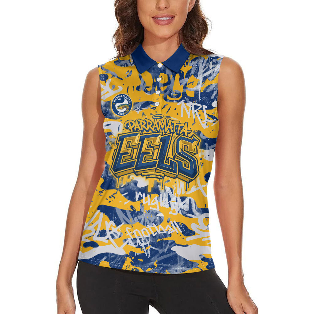 Parramatta Eels Rugby Women Sleeveless Polo Shirt Graffiti Typography Urban Camo Abstract Street Style