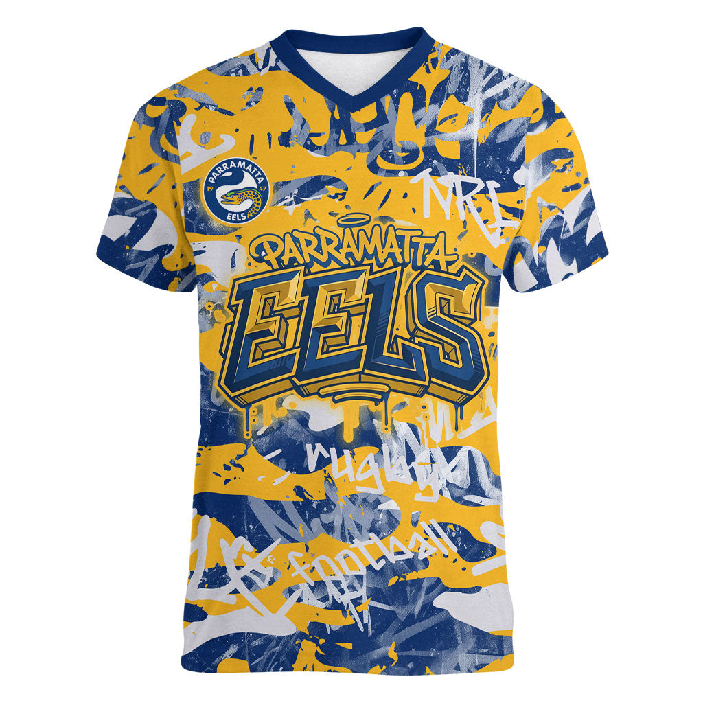 Parramatta Eels Rugby Women V-Neck T-Shirt Graffiti Typography Urban Camo Abstract Street Style
